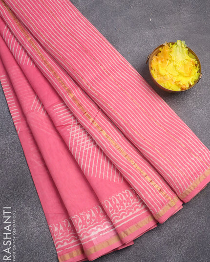 Chanderi bagru saree light pink with geometric butta prints and zari woven border