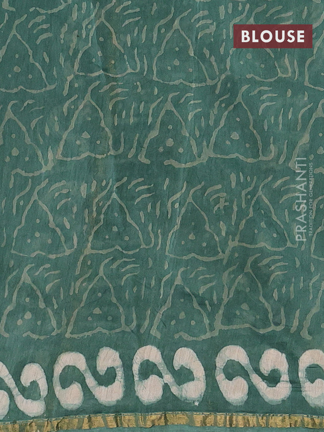 Chanderi bagru saree green shade with allover prints and zari woven border
