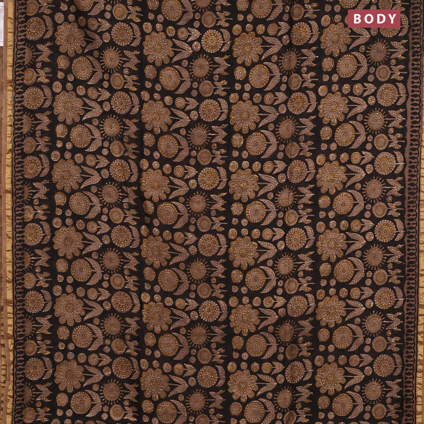 Chanderi bagru saree black and chikku shade with allover prints and zari woven border