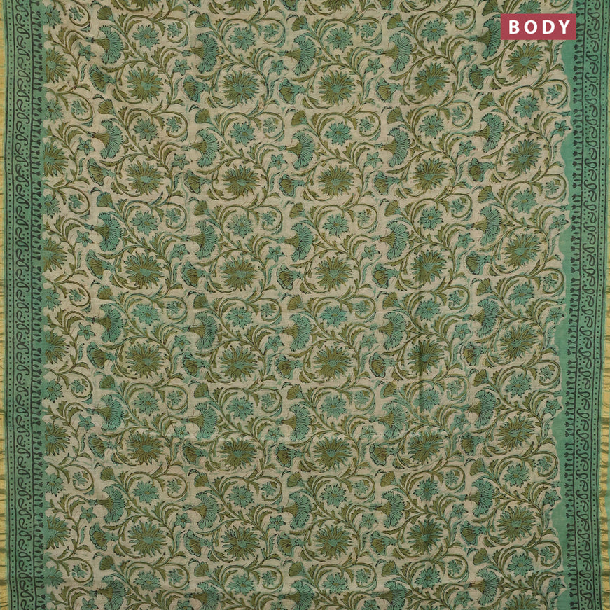 Chanderi bagru saree beige and green shade with allover prints and zari woven border