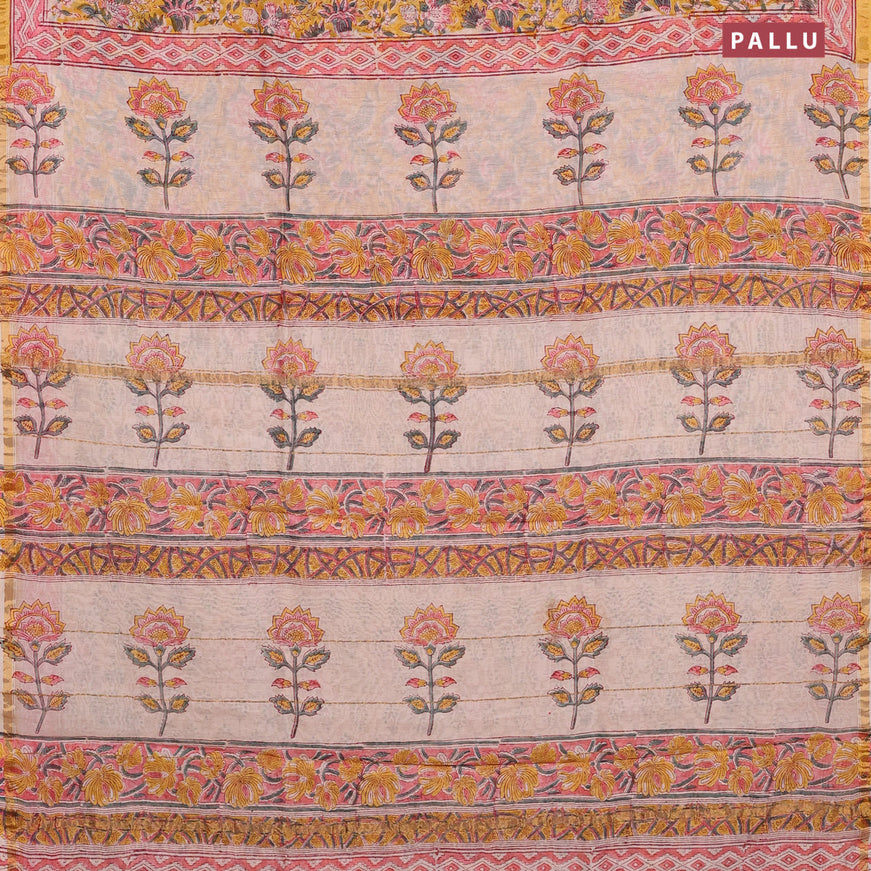 Chanderi bagru saree yellow and pink with allover floral prints and zari woven border