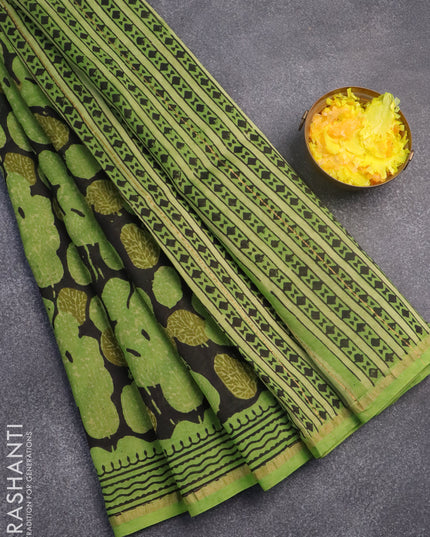 Chanderi bagru saree black and light green with allover prints and zari woven border