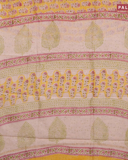 Chanderi bagru saree yellow with allover butta prints and zari woven border