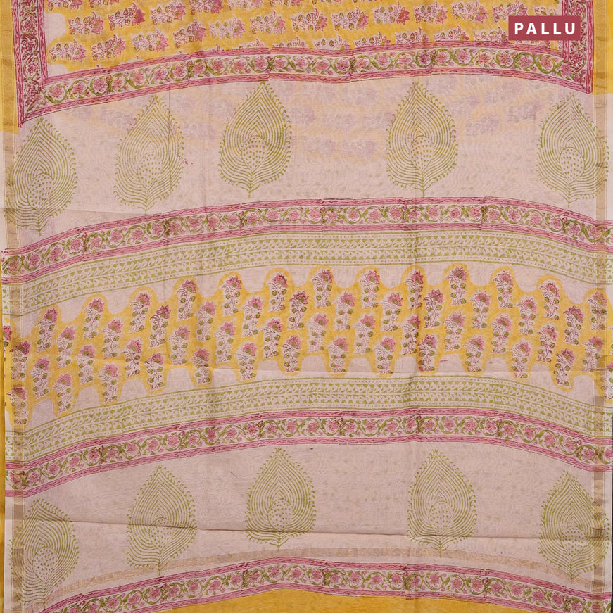 Chanderi bagru saree yellow with allover butta prints and zari woven border