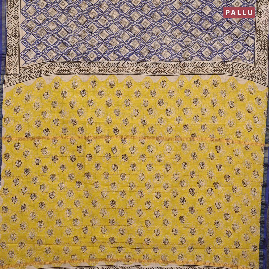 Chanderi bagru saree blue and beige with allover geometric prints and zari woven border