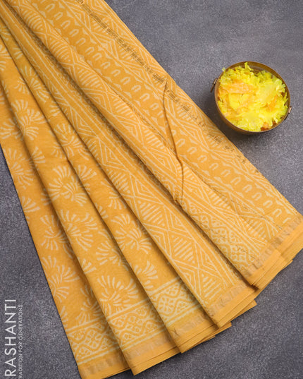 Chanderi bagru saree mustard yellow with allover butta prints and zari woven border