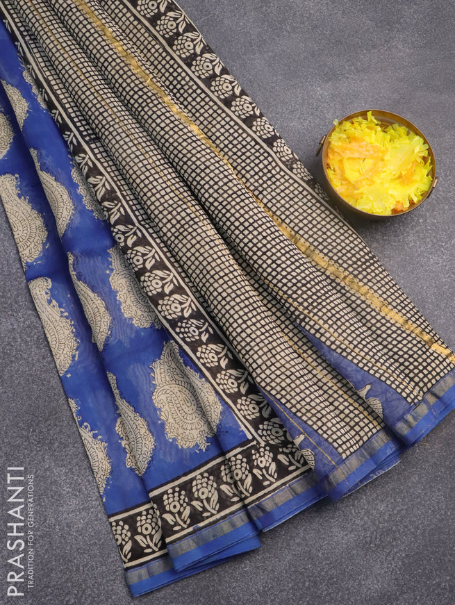 Chanderi bagru saree blue and black with allover butta prints and zari woven border