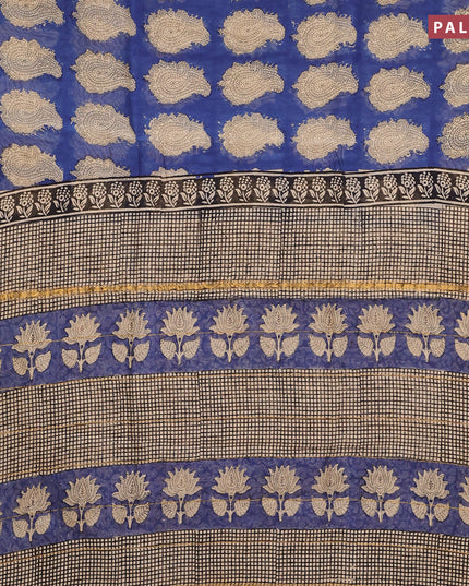 Chanderi bagru saree blue and black with allover butta prints and zari woven border