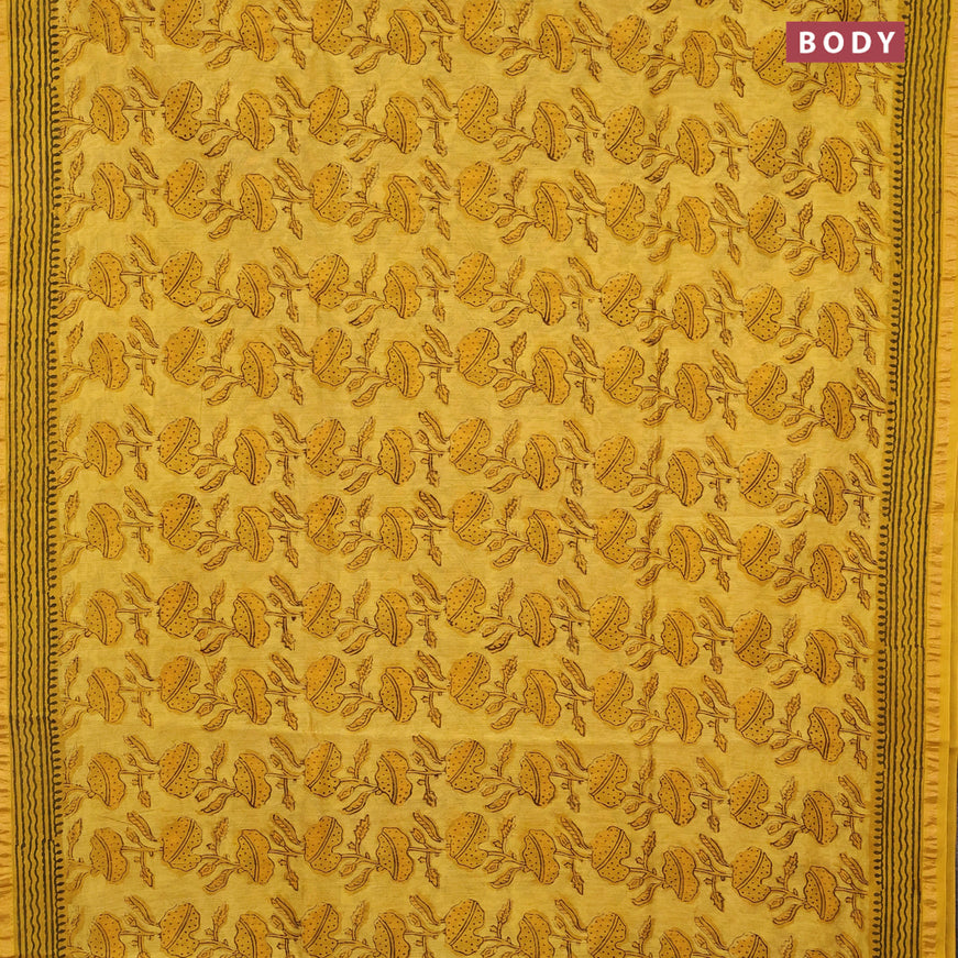 Chanderi bagru saree yellow with allover prints and zari woven border