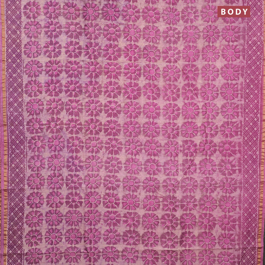 Chanderi bagru saree mauve pink with floral prints and zari woven border