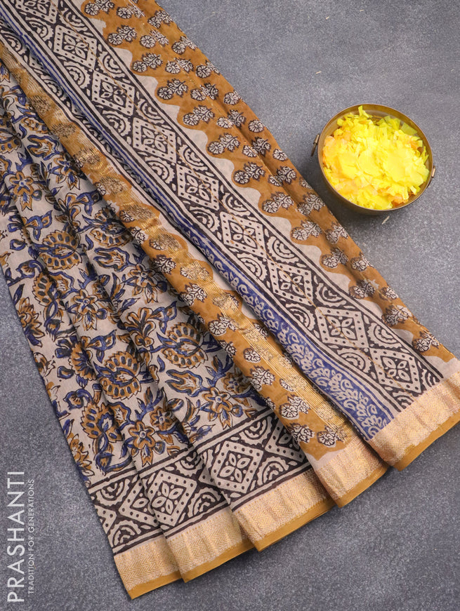 Chanderi bagru saree beige and mustard with allover floral prints and maheshwari border