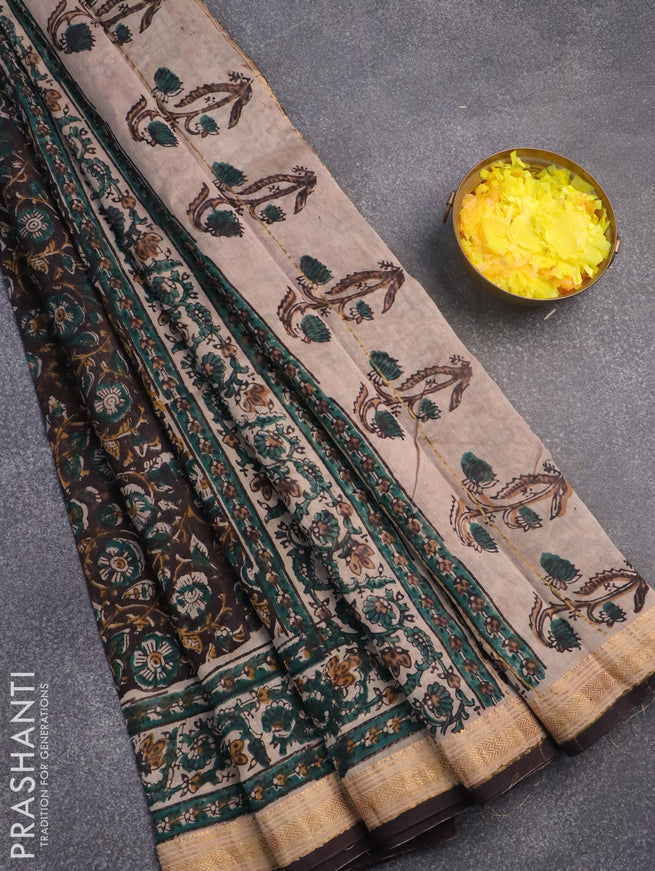 Chanderi bagru saree deep coffee brown and green with allover floral prints and maheshwari border