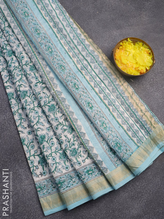 Chanderi bagru saree off white and light blue with allover floral prints and maheshwari border