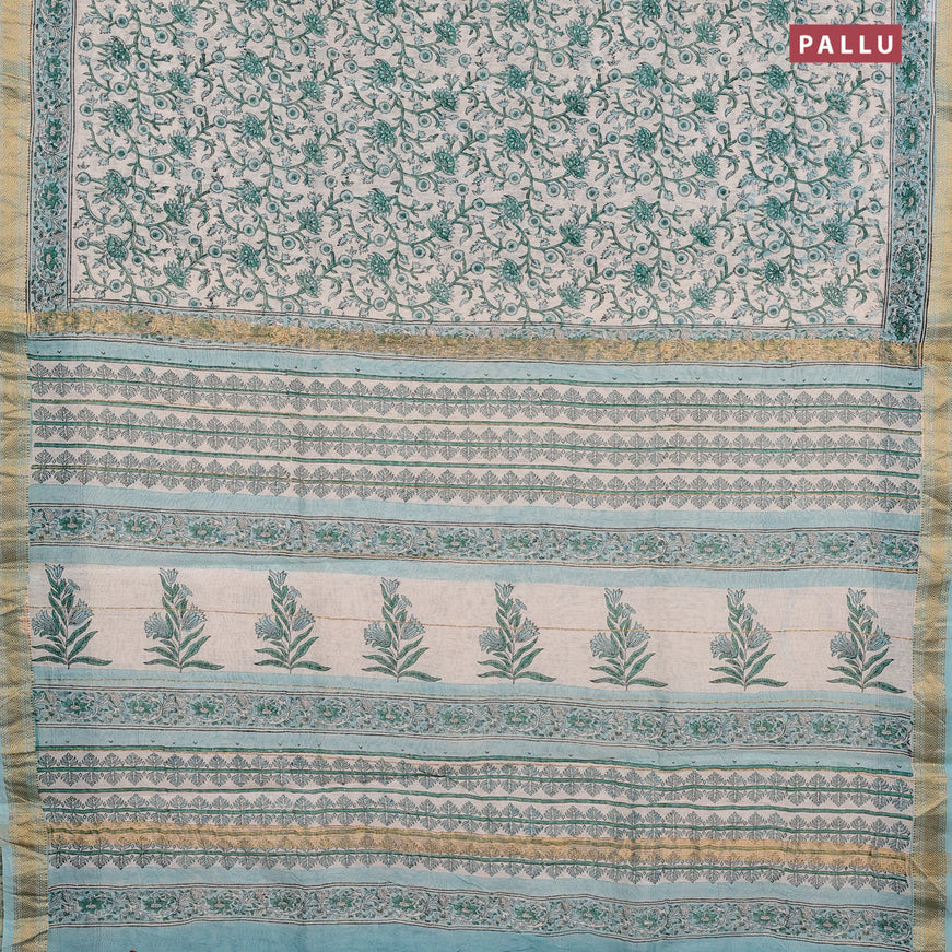 Chanderi bagru saree off white and light blue with allover floral prints and maheshwari border