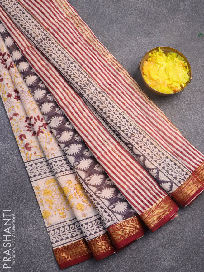 Chanderi bagru saree cream and maroon with allover floral prints and maheshwari border