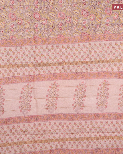 Chanderi bagru saree grey shade with allover floral prints and maheshwari border