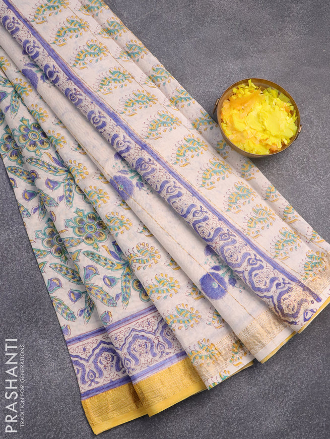 Chanderi bagru saree off white and yellow with allover floral prints and maheshwari border