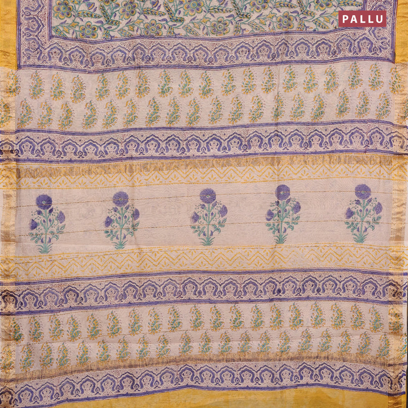 Chanderi bagru saree off white and yellow with allover floral prints and maheshwari border