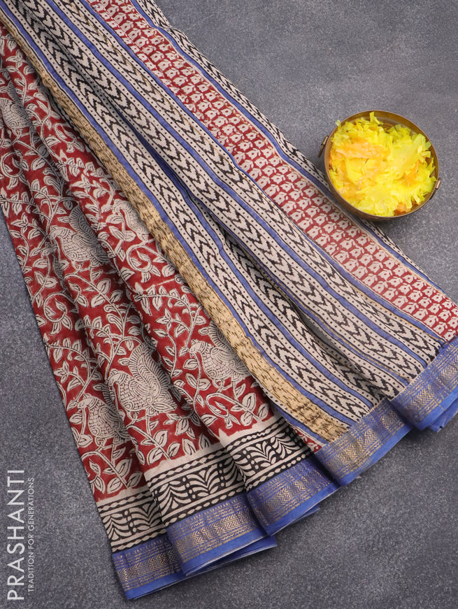 Chanderi bagru saree maroon and blue with allover kalamkari prints and maheshwari border