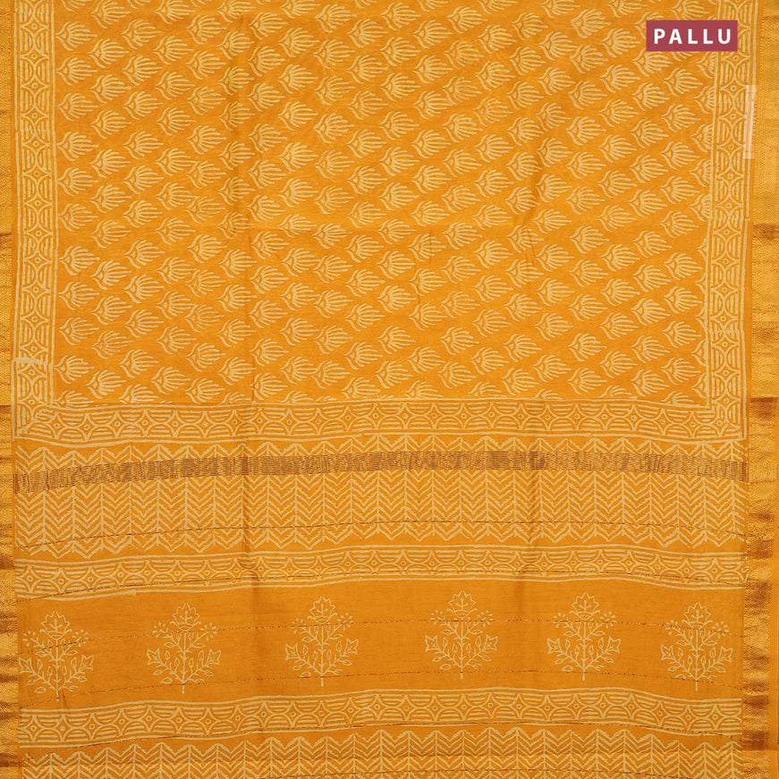 Chanderi bagru saree yellow with butta prints and maheshwari border