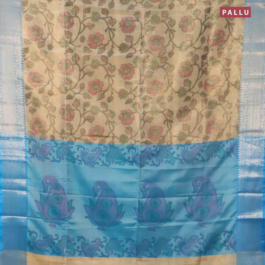 Banarasi semi tussar saree sandal and light blue with allover ikat weaves and silver zari woven border