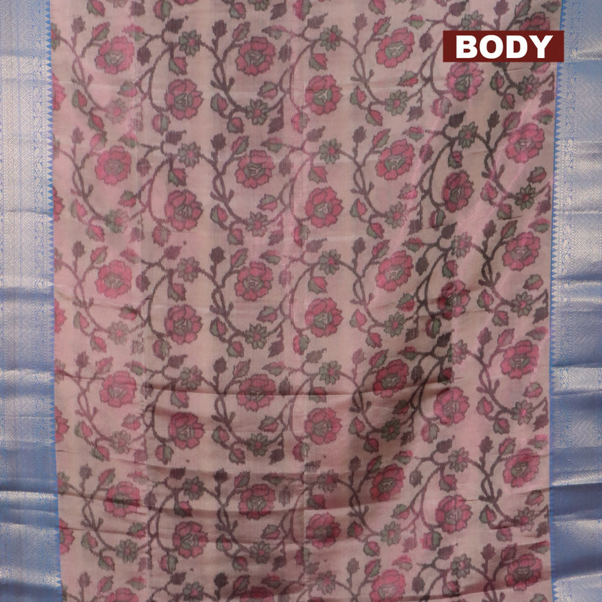 Banarasi semi tussar saree pastel pink and cs blue with allover ikat weaves and silver zari woven border
