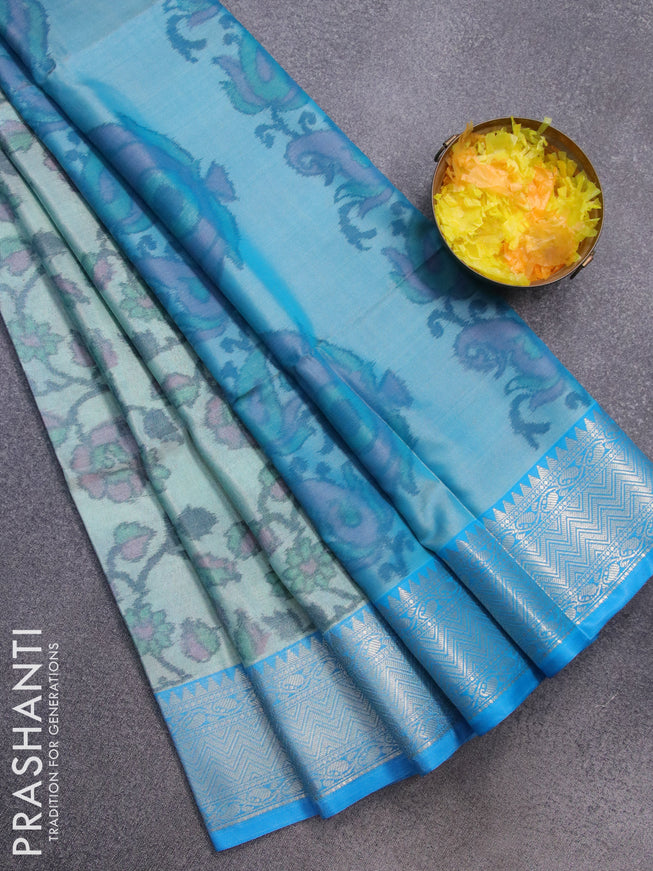 Banarasi semi tussar saree teal blue and light blue with allover ikat weaves and silver zari woven border