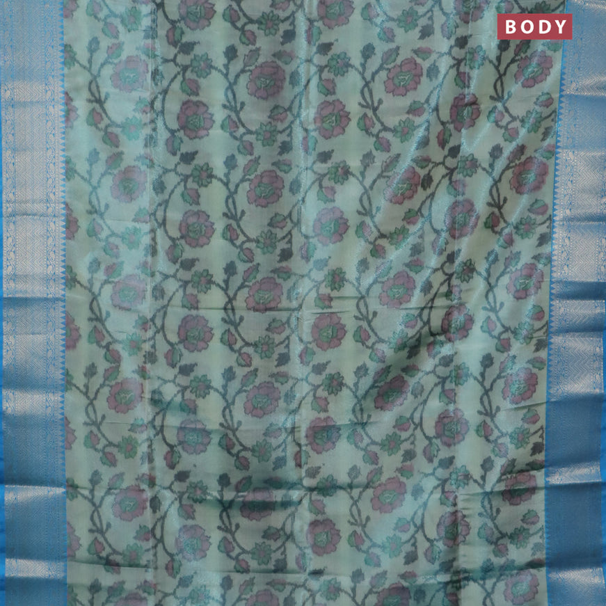 Banarasi semi tussar saree teal blue and light blue with allover ikat weaves and silver zari woven border