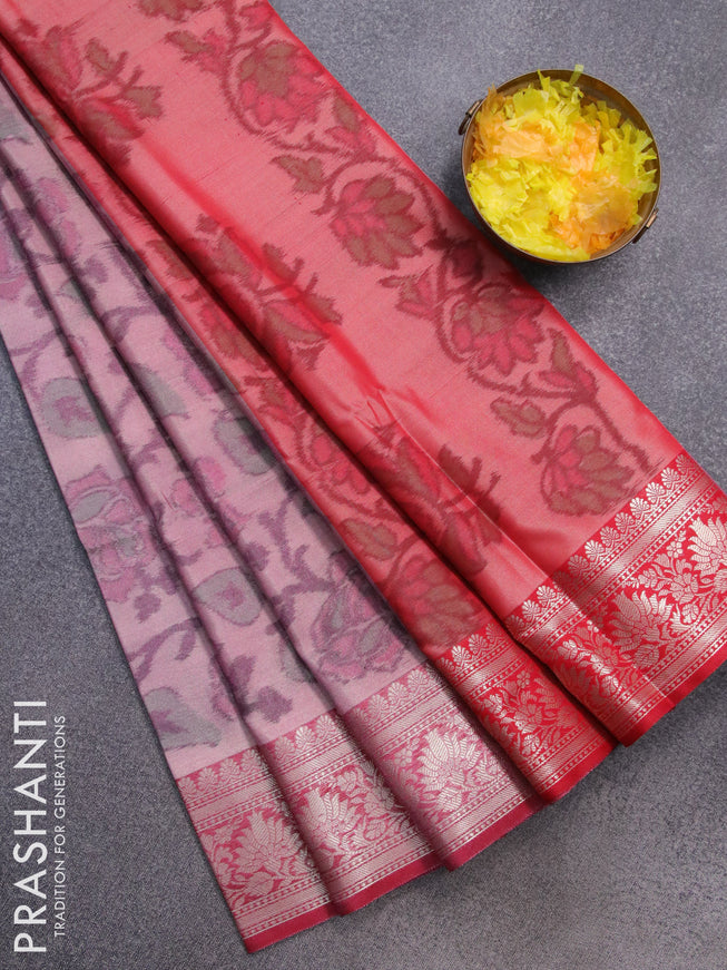 Banarasi semi tussar saree pink shade and red with allover ikat weaves and zari woven border