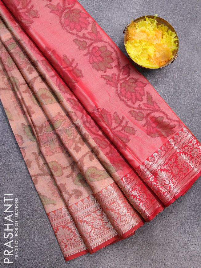 Banarasi semi tussar saree peach shade and red with allover ikat weaves and zari woven border