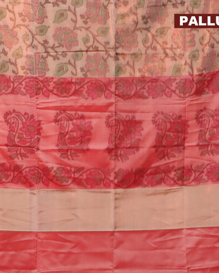 Banarasi semi tussar saree peach shade and red with allover ikat weaves and zari woven border