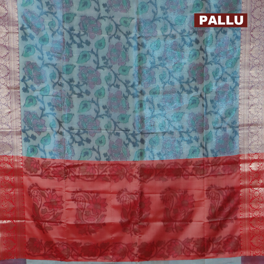 Banarasi semi tussar saree pastel blue and red with allover ikat weaves and zari woven border