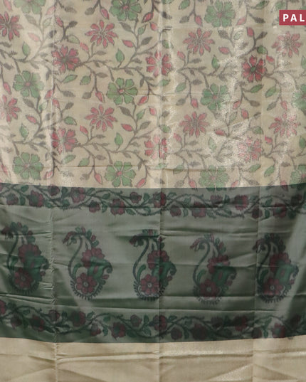 Banarasi semi tussar saree cream and green with allover ikat weaves and copper zari woven border