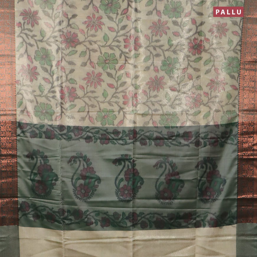 Banarasi semi tussar saree cream and green with allover ikat weaves and copper zari woven border