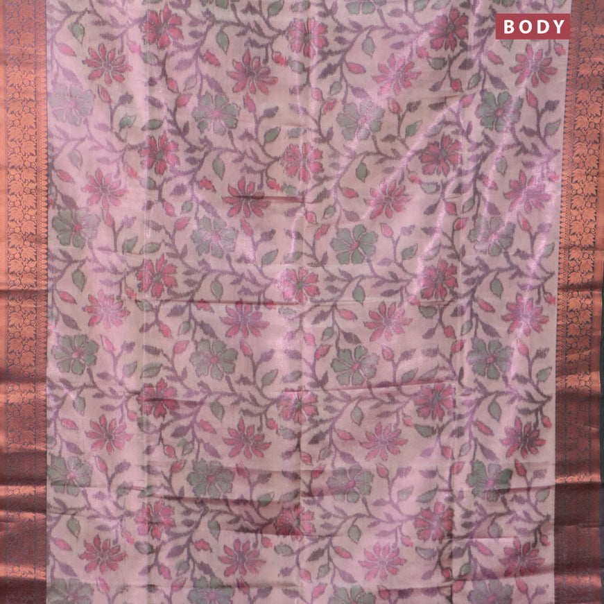 Banarasi semi tussar saree dual shade of pastel pink and dual shade of green with allover ikat weaves and copper zari woven border