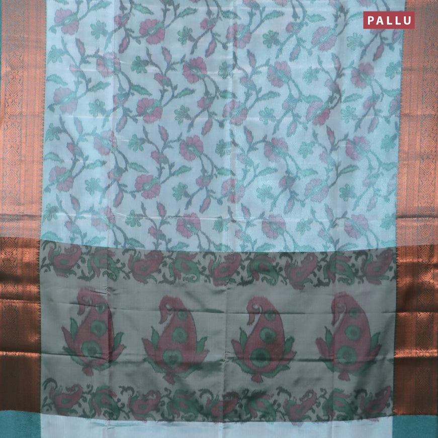 Banarasi semi tussar saree pastel blue and dark green with allover ikat weaves and copper zari woven border