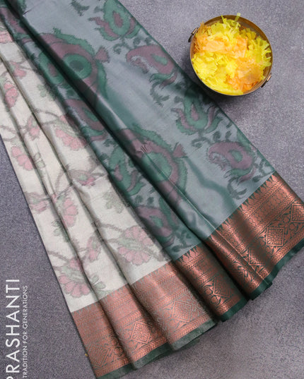Banarasi semi tussar saree pastel grey and green with allover ikat weaves and copper zari woven border