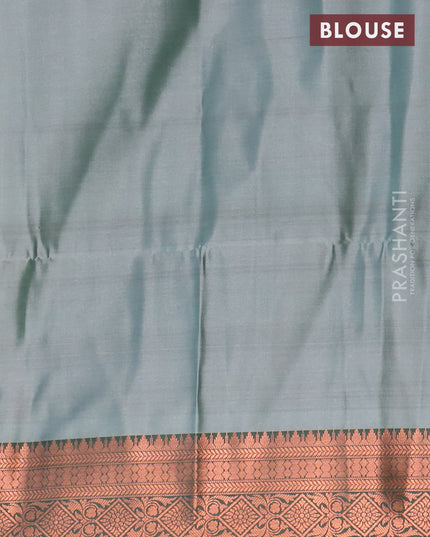 Banarasi semi tussar saree pastel grey and green with allover ikat weaves and copper zari woven border