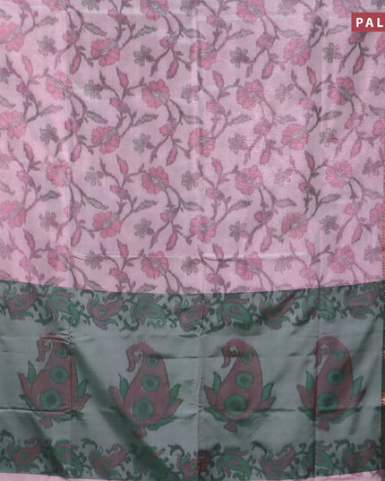Banarasi semi tussar saree pastel pink and dark green with allover ikat weaves and copper zari woven border