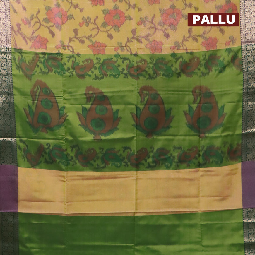 Banarasi semi tussar saree dual shade of lime green and dark green with allover ikat weaves and zari woven border