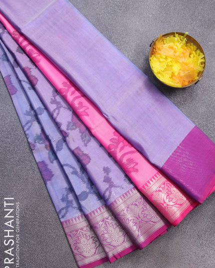 Banarasi semi tussar saree blue shade and magenta pink with allover ikat weaves and zari woven border