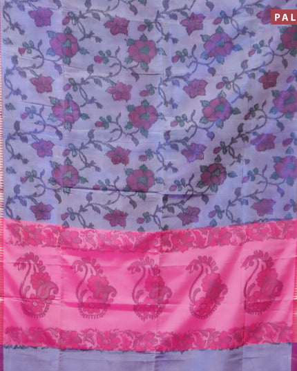 Banarasi semi tussar saree blue shade and magenta pink with allover ikat weaves and zari woven border