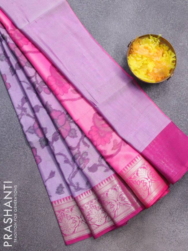 Banarasi semi tussar saree violet and pink with allover ikat weaves and zari woven border