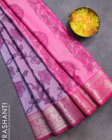 Banarasi semi tussar saree mild purple and pink with allover ikat weaves and zari woven border