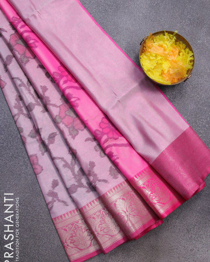 Banarasi semi tussar saree pink shade with allover ikat weaves and zari woven border