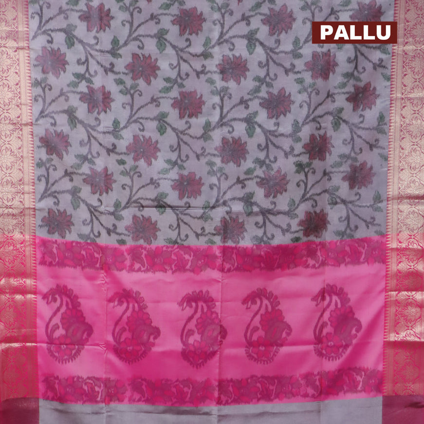 Banarasi semi tussar saree pastel grey and pink with allover ikat weaves and silver zari woven border