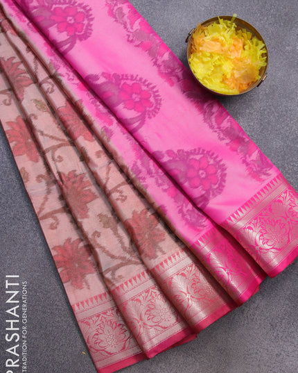 Banarasi semi tussar saree peach shade and pink with allover ikat weaves and silver zari woven border