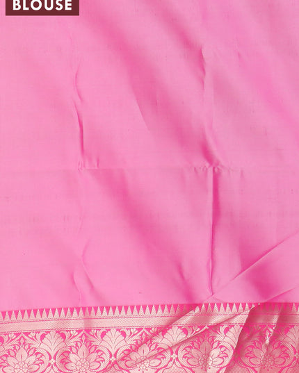Banarasi semi tussar saree peach shade and pink with allover ikat weaves and silver zari woven border