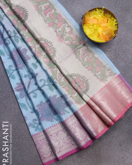 Banarasi semi tussar saree pastel blue and pink with allover ikat weaves and silver zari woven border
