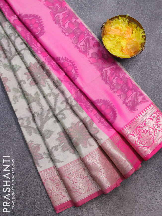 Banarasi semi tussar saree off white and pink with allover ikat weaves and silver zari woven border
